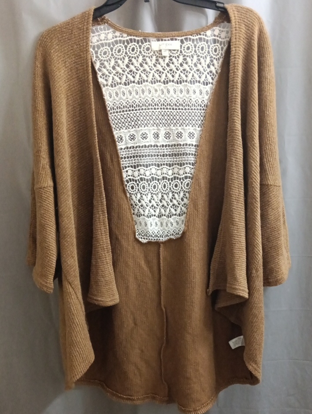 Umgee Brown Open-Front Cardigan with Cream Lace Back